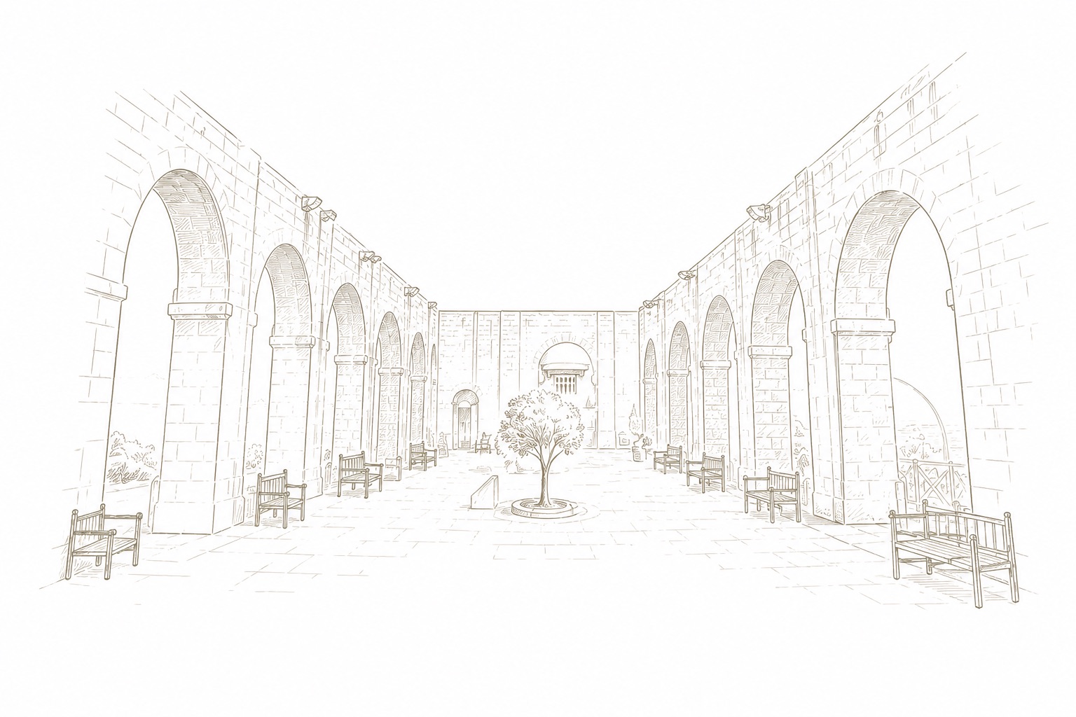 Line drawing of the courtyard where the wedding will be held
